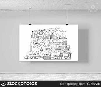 Hanging banner. White banner with business plan hanging on wall