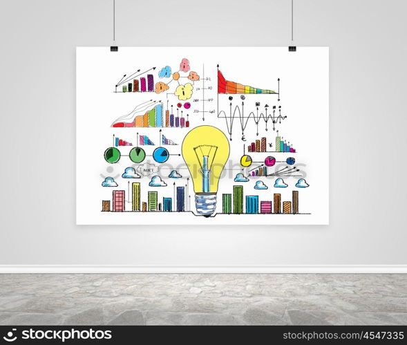 Hanging banner with business plan, graphics and diagrams