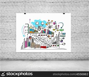 Hanging banner with business plan, graphics and diagrams