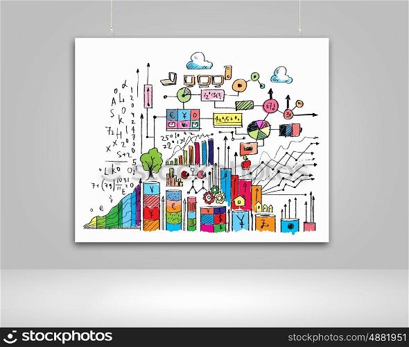 Hanging banner with business plan, graphics and diagrams