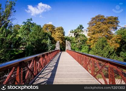 Hanging bridge in Buttes-Chaumont Park, Paris, France. Hanging bridge in Buttes-Chaumont Park, Paris