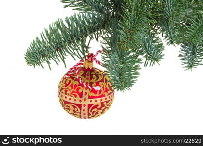 hanging christmas ball. red christmas ball hanging on fir tree usilated on white background