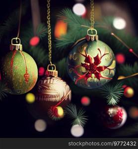 Hanging colorful christmas ball with garlands on dark bokeh background. Red christmas balls