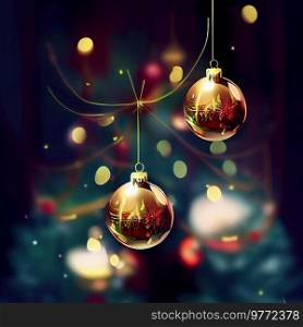 Hanging colorful golden christmas balls with garlands on dark bokeh background. Red christmas balls