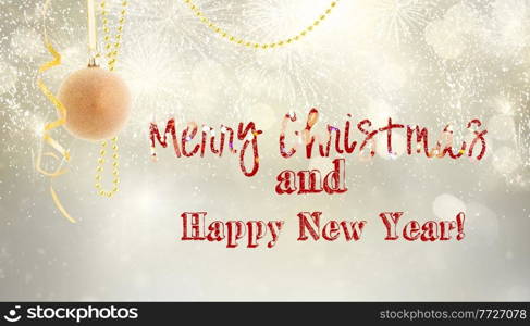 Hanging golden christmas balls on silver bokeh background with Merry Christmas greetings. Red christmas balls
