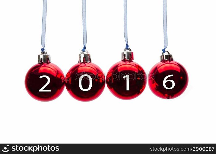 Hanging red christmas balls with numbers of year 2016 isolated on white background