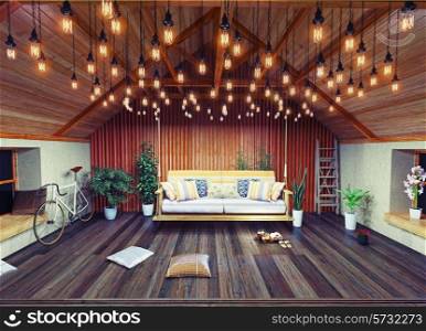 hanging sofa in the attic interior, decorated with vintage lamps. 3D design concept