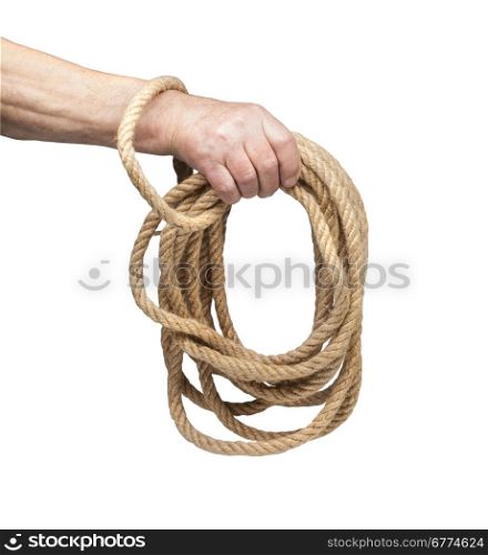 hank of rope in the men&rsquo;s hands with clipping path