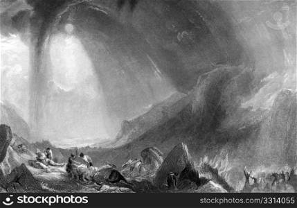 Hannibal crossing the Alps during the Second Punic War (218-202 BC) on engraving from 1862. Engraved by J.Cousen after a picture by J.M.W.Turner.
