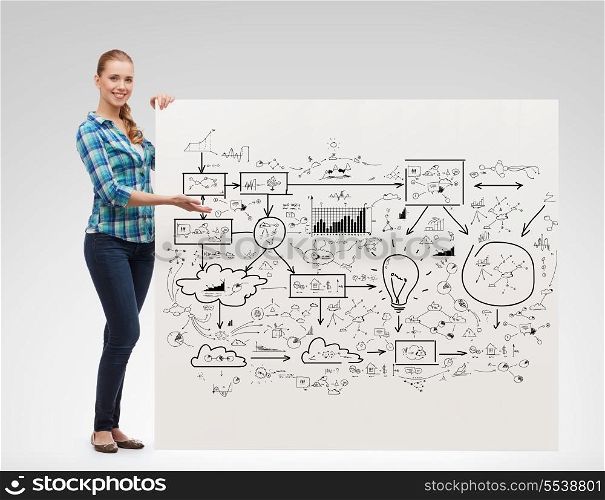 happiness, advertising and people concept - smiling young woman pointing hand to big plan on board