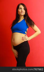 Happiness and motherhood concept. Pregnant fit woman in sportwear on red background