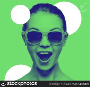 happiness and people concept - portrait of happy amazed teenage girl in sunglasses, trendy duotone effect. happy amazed teenage girl in sunglasses
