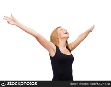 happiness and people concept - smiling girl in blank black tank top waving hands