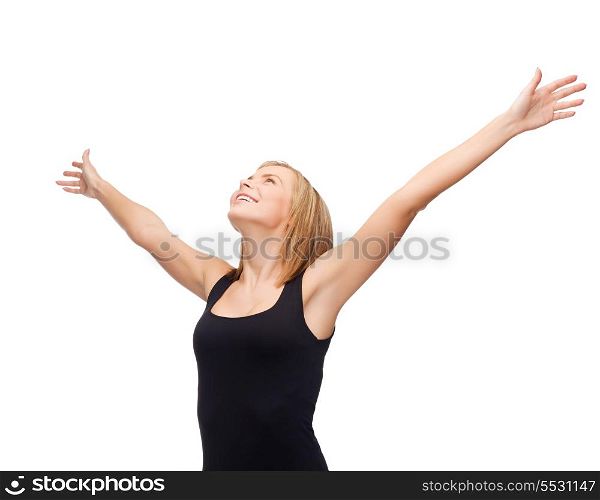 happiness and people concept - smiling girl in blank black tank top waving hands