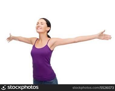 happiness and people concept - smiling girl in blank purple tank top waving hands with closed eyes