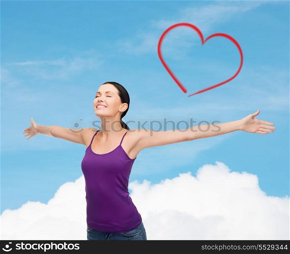happiness and people concept - smiling girl in blank purple tank top waving hands with closed eyes