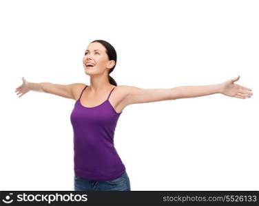 happiness and people concept - smiling girl in blank purple tank top waving hands