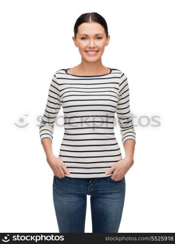 happiness and people concept - smiling girl in casual clothes