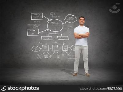 happiness and people concept - smiling man in white t-shirt with crossed arms over scheme and concrete background