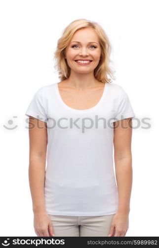 happiness and people concept - smiling woman in blank white t-shirt. smiling woman in blank white t-shirt