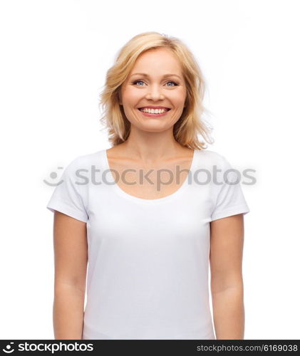 happiness and people concept - smiling woman in blank white t-shirt. smiling woman in blank white t-shirt