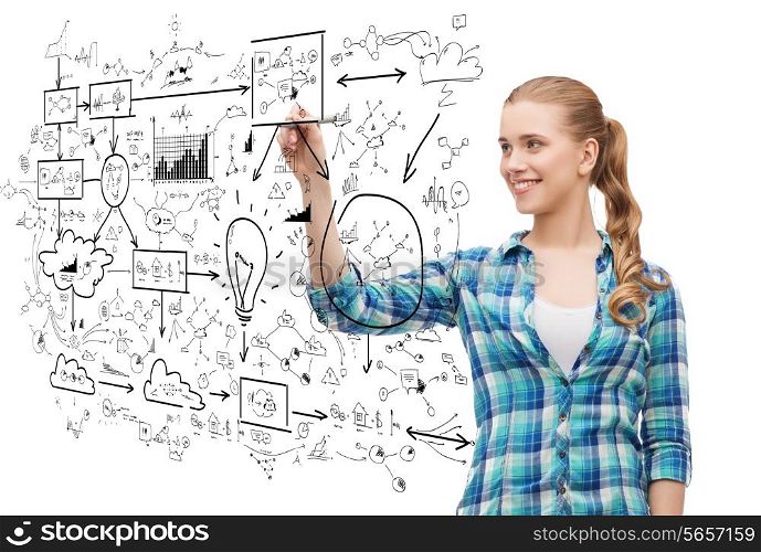 happiness and people concept - smiling young woman writing or drawing scheme on transparent screen over white background
