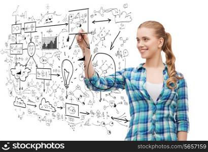happiness and people concept - smiling young woman writing or drawing scheme on transparent screen over white background