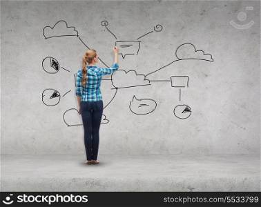 happiness and people concept - smiling young woman writing or drawing small plan on virtual screen