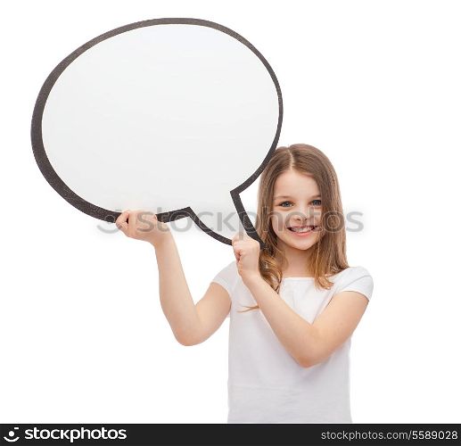 happiness, child, conversation and people concept - smiling little girl with blank text bubble