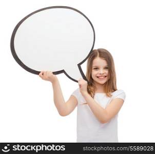 happiness, child, conversation and people concept - smiling little girl with blank text bubble