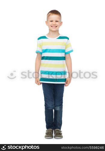 happiness, childhood and people concept - smiling little boy in casual clothes