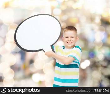 happiness, childhood, conversation and people concept - smiling little boy with blank text bubble over sparkling background