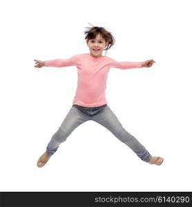happiness, childhood, freedom, movement and people concept - happy little girl jumping in air