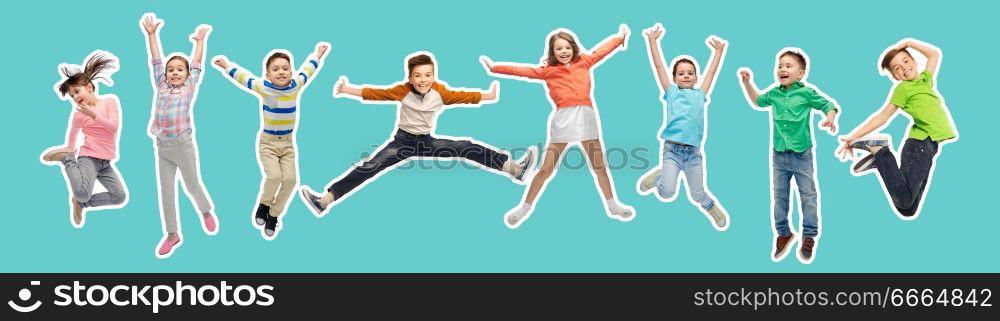 happiness, childhood, freedom, movement and people concept - magazine style collage of happy kids jumping in air over blue background. happy kids jumping in air over blue background