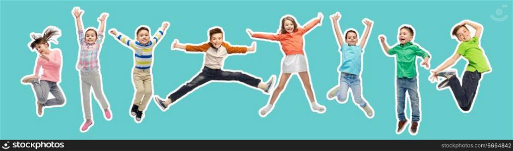 happiness, childhood, freedom, movement and people concept - magazine style collage of happy kids jumping in air over blue background. happy kids jumping in air over blue background