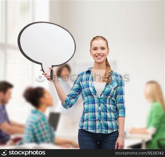 happiness, conversation and people concept - smiling young woman with blank text bubble