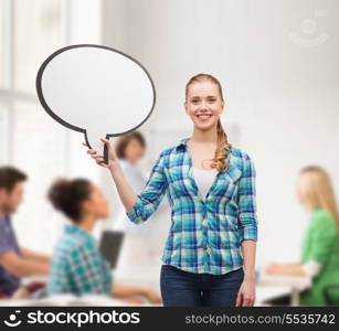 happiness, conversation and people concept - smiling young woman with blank text bubble