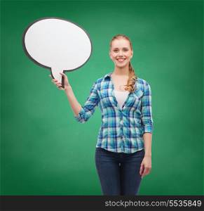 happiness, conversation and people concept - smiling young woman with blank text bubble