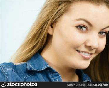 Happiness face expressions concept. Portrait of happy cheerful blonde woman smiling with joy. Portrait of happy blonde woman smiling with joy