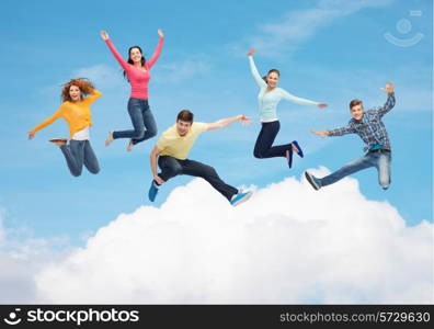 happiness, freedom, friendship, movement and people concept - group of smiling teenagers jumping in air over blue sky with white cloud background