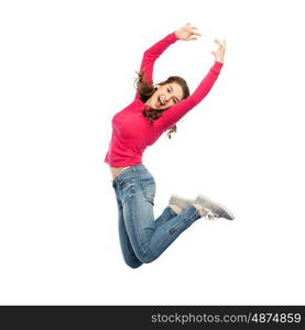 happiness, freedom, motion and people concept - happy young woman jumping or dancing in air over white background