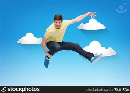 happiness, freedom, movement and people concept - smiling young man jumping in air over blue sky with white clouds background