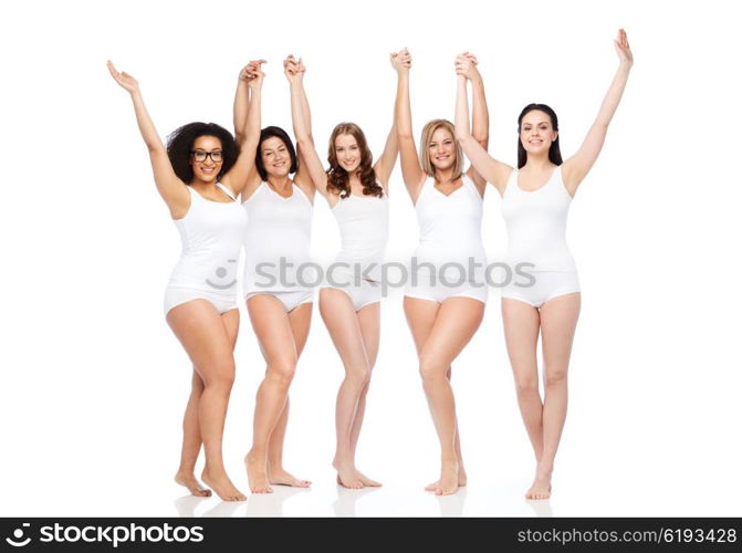 happiness, friendship, beauty, body positive and people concept - group of happy different women in white underwear with raised arms celebrating victory