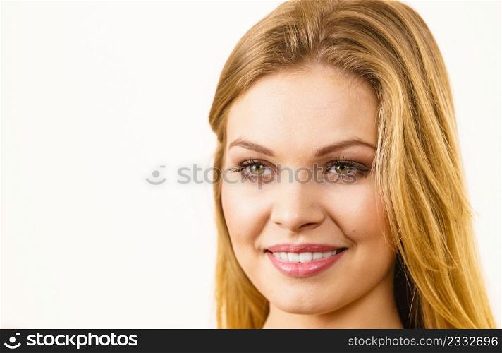 Happiness human face expressions concept. Happy positive cheerful smiling woman with blonde hair.. Happy positive smiling blonde woman
