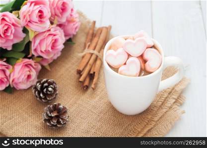 Happiness moment. Sweet beverage, hot chocolate with pastel marshmallows