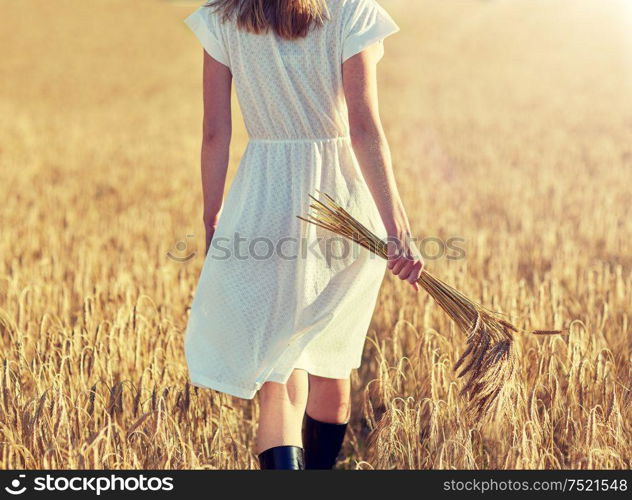 happiness, nature, summer holidays, vacation and people concept - close up of young woman with cereal spikelets walking on field. young woman with cereal spikelets walking on field