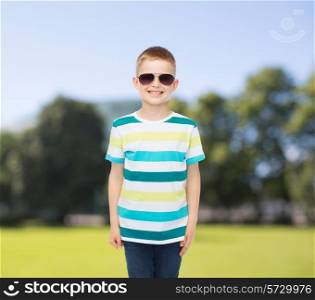 happiness, summer and people concept - smiling cute little boy in sunglasses over park background