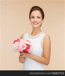 happiness, wedding, holidays and celebration concept - smiling bride or bridesmaid in white dress with bouquet of flowers