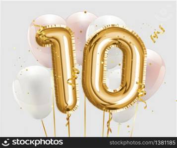 Happy 10th birthday gold foil balloon greeting background. 10 years anniversary logo template- 10th celebrating with confetti. Photo stock.