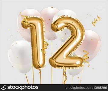 Happy 12th birthday gold foil balloon greeting background. 12 years anniversary logo template- 12th celebrating with confetti. Photo stock.